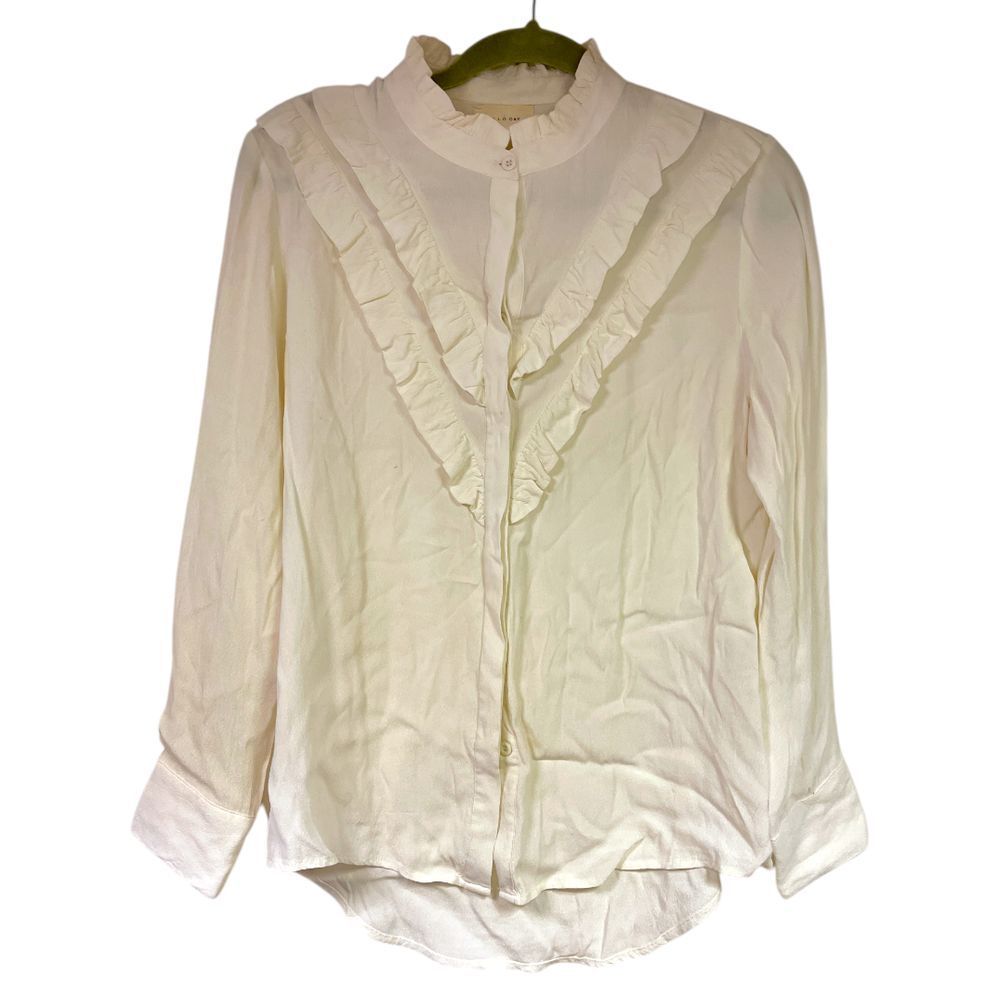 Anthropologie Melloday Cream Ruffled Button Front Long Sleeve Top L